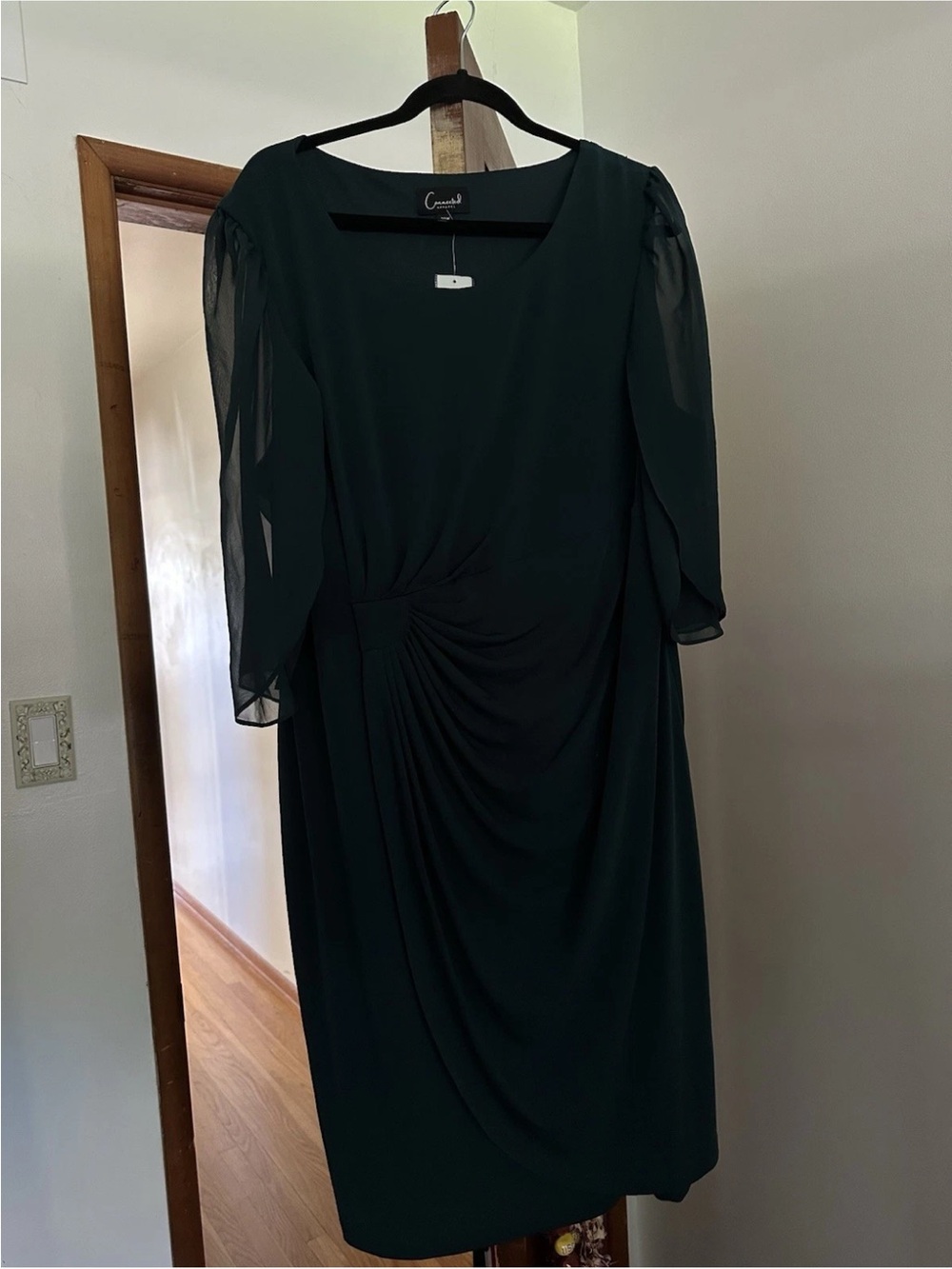Connected Apparel 20W Hunter Green Jersey Sheath Dress Ruched 3/4 Sheer Sleeve